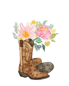 a pair of cowboy boots with flowers in the boot, watercolor and ink on paper