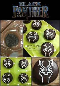 black panther cookies with white frosting on them