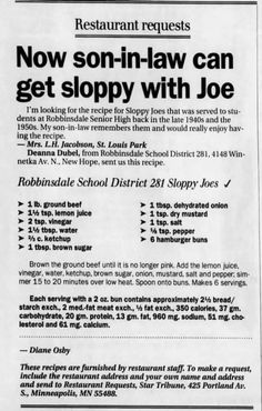 a newspaper article with an advertisement for the restaurant's new menu, now son - in - law can get sloppy with joe