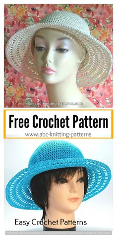 two hats are shown with the words free crochet pattern on top and bottom