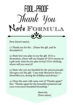 a thank note with the words fool - proof, thank you note formula