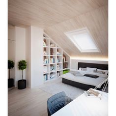 a bedroom with a bed, desk and bookshelf in the corner on top of it