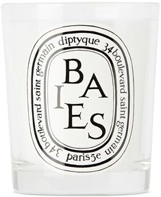 a glass with the words baes printed on it