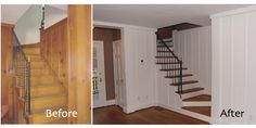 an empty living room with stairs leading up to the second floor and another door on the other side