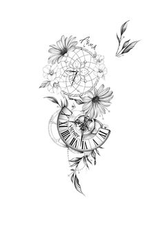 a drawing of flowers and a clock with the word time written in black ink on white paper