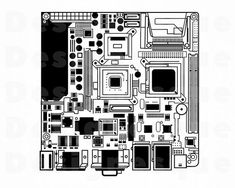 the back side of a computer motherboard with multiple components in black on a white background