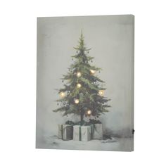 a painting of a christmas tree with presents under it and lights on the top, in front of a white background