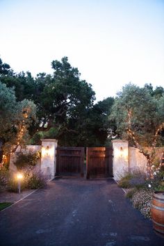 an entrance to a home surrounded by trees and bushes at night with lights on the gate