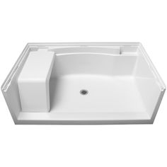 the bathtub is white and has an open side panel on it's left side