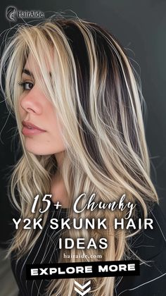 Funky Fusion: Fuse funkiness and style with Y2K skunk hair, a perfect blend of retro and contemporary cool. Lavender Skunk Stripe Hair, Skunk Hair Highlights, Skunk Highlights Dark Brown, Stunk Hair Dye, 2000 Hair Color, Money Piece With Curtain Bangs, Black Brown And Blonde Hair