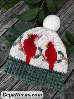 a knitted hat with two red birds on it and green leaves in the background