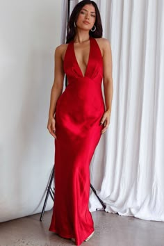 Shop the Of Your Dreams Rose Accent Halter Dress Red | Selfie Leslie Backless Bias Cut Satin Dress For Prom, Backless Bias Cut Satin Dress For Prom Season, Red Fitted Satin Dress For Date Night, Fitted Red Satin Dress For Date Night, Glamorous Red Satin Dress, Red Satin Finish Party Dress, Red Satin Dress For Night Out, Prom Satin Dress With Back Opening, Red Dress With Satin Finish For Night Out