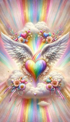 a heart with wings surrounded by flowers and rainbows