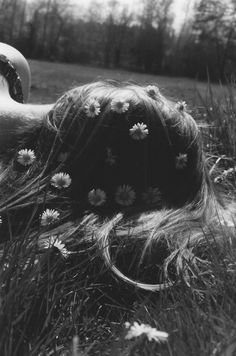 a black and white photo of a dog laying in the grass with daisies on it's fur