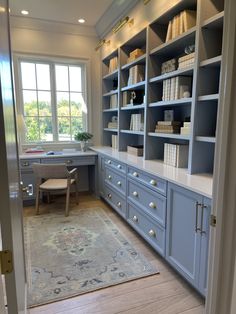 a room with blue cabinets and a rug on the floor in front of a window