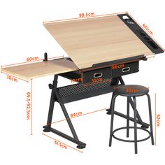 a drawing table with two stools next to it and a wooden desk top on one side