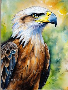 a painting of an eagle with yellow eyes