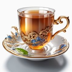 a glass tea cup and saucer filled with liquid