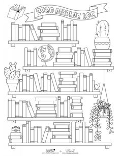 a book shelf with books and plants on it that reads, 2020 reading log coloring page