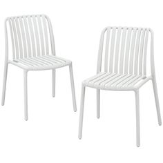 two white plastic chairs sitting next to each other