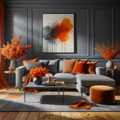 an orange and grey living room with modern furniture in the corner, large painting on the wall