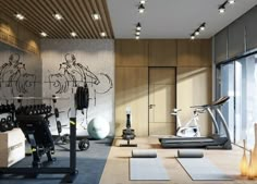 a gym with exercise equipment and yoga mats