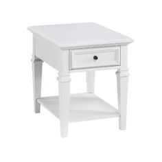 a white end table with two drawers and one drawer on the bottom, sitting against a white background