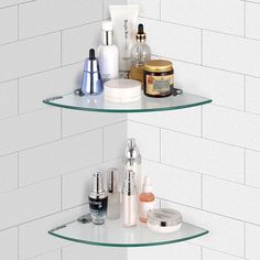 two shelves in the corner of a bathroom with cosmetics and skin care products on them