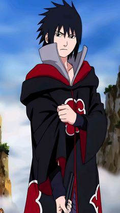 an anime character with black hair and red cape standing in front of snow covered mountains