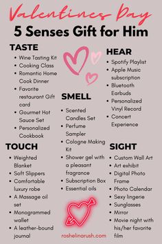 list full of valentines day 5 senses gifts Taste Sense Gift For Him, Spoil Him Ideas, 5sense Gift For Him, Sight Sense Gift For Him, Diy Men’s Gifts, Creative Bday Gifts For Him, Birthday Special Gifts For Boyfriend, 5 Sense Gift Ideas For Him, What To Get A Guy For His Birthday