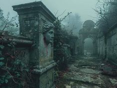 an old cemetery with statues and vines growing on the walls, in front of it