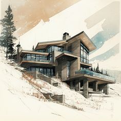 a drawing of a house on top of a snow covered hill