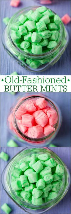 three pictures showing different colored marshmallows in a glass bowl with the words, old fashioned butter mints