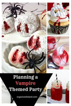 a collage of photos with vampire themed desserts and drinks for halloween party decorations