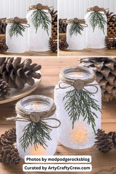 pine cones and mason jars are decorated with twine