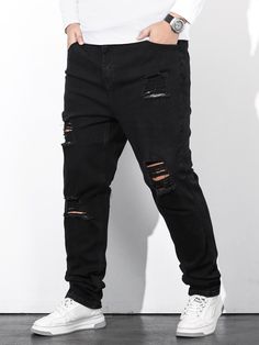 Men Plus Cotton Ripped Straight Leg Jeans Slim Fit Long Frayed Jean Cargo Plain Black Work Casual Size Black    Denim Plain Skinny Medium Stretch  Men Plus Size Clothing, size features are:Bust: ,Length: ,Sleeve Length: Black Ripped Jeans Outfit Men, Ripped Jeans Men Outfits, Black Ripped Jeans Men, Guy Pants, Black Ripped Jeans Outfit, Mens Trousers Fashion, Trousers Outfit Men, Plus Size Ripped Jeans, Ripped Straight Leg Jeans