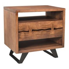 a wooden side table with two drawers on one end and an open drawer on the other