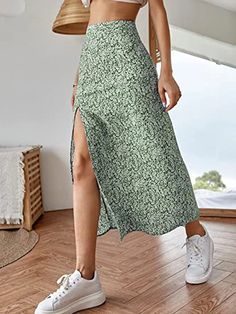 Lasaky - Floral Print Midi Skirt with Side Slit and High Waist Design Floral Skirt Summer, Floral Print Midi Skirt, High Waist Long Skirt, Half Skirt, Women Skirts, Printed Midi Skirt, Print Skirt, Green Skirt, Mode Inspiration