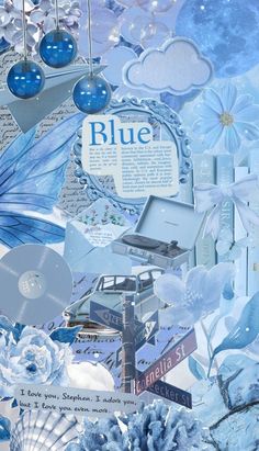 a collage of blue and white images with flowers, clouds, and other things