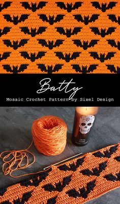 an orange and black crochet pattern next to a spool of yarn with the words batty on it