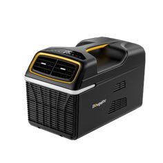 the portable air conditioner is shown in black and yellow colors, on a white background