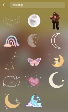 an iphone screen with various stickers on it, including the moon and other things