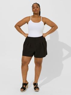 Wide Leg Studio Crepe Short Spring Stretch Lined Bottoms, Black Stretch Mid-thigh Length Shorts, Solid Shorts With Wide Waistband And 4-way Stretch, Black Cotton Mid-thigh Shorts, Black Cotton Mid-thigh Length Shorts, Plus Size Shorts Black, Wide Shorts, Yellow Bone, Beautiful Shorts