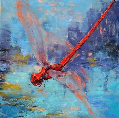 a painting of a red dragon flying over water