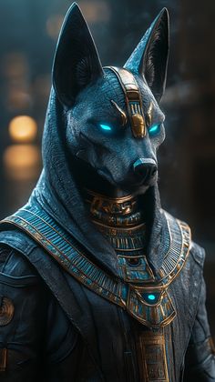 an egyptian cat with glowing blue eyes and gold accents on its head, standing in front of a dark background