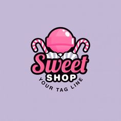 sweet shop logo with candy canes and candies on the top, pink background