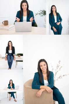 a woman sitting in a chair with her laptop and other pictures on the wall behind her