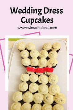 a plate with cupcakes in the shape of a teddy bear on it and text overlay reading wedding dress cupcakes