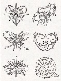 four different types of snowflakes are shown in black and white ink on paper