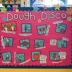 a bulletin board with images of different things on it that say dough disco and stars in the background